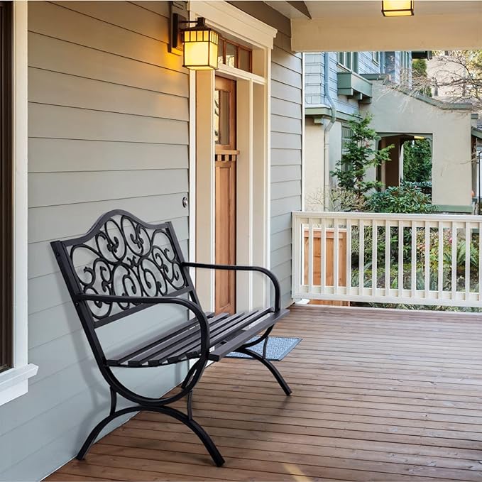 PHI VILLA 50" Patio Park Garden Outdoor Metal Black Bench for Yard Porch