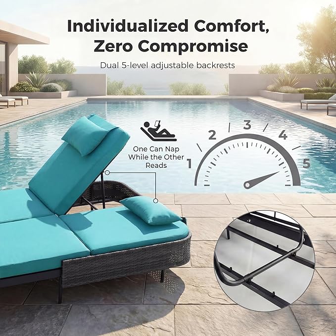 BULEXYARD 51.2" Double Chaise Lounge Outdoor, 2-Person PE Wicker Patio Daybed with Dual 5-Position Adjustable Backrest - Photo 5