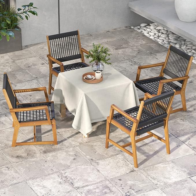 Tangkula Outdoor Acacia Wood Dining Chairs Set of 2, All-Weather Rope Woven Patio Chairs with Armrests - Photo 8