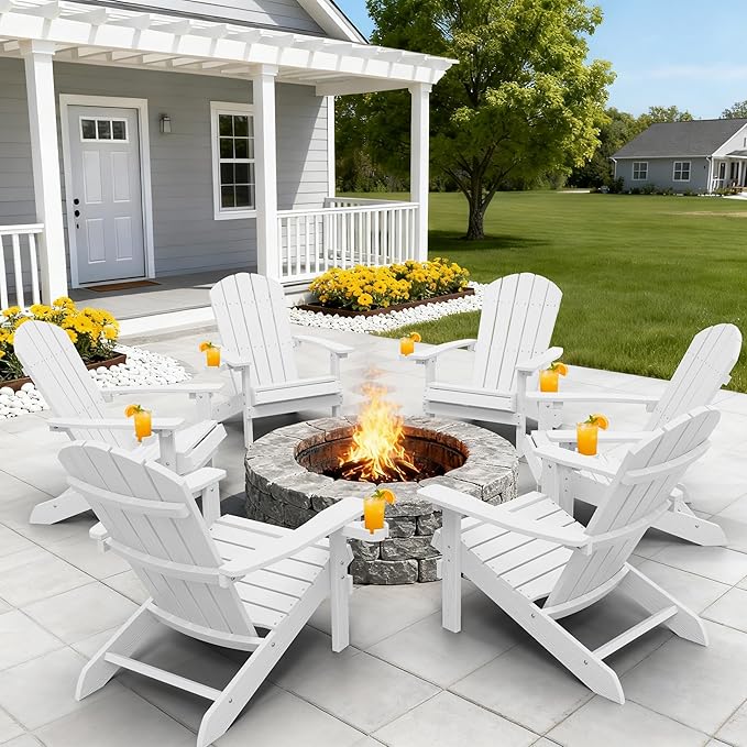 YEFU Adirondack Chairs with Cup Holders: Set of 6 Fire Pit Chairs Plastic with Wood Texture - Sturdy All-Weather HIPS for Patio Backyard Lawn - Easy Assembly Outdoor Furniture(White)