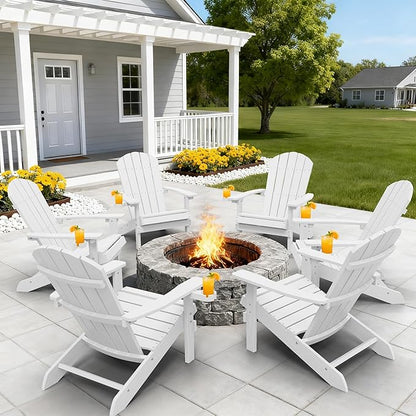 YEFU Adirondack Chairs with Cup Holders: Set of 6 Fire Pit Chairs Plastic with Wood Texture - Sturdy All-Weather HIPS for Patio Backyard Lawn - Easy Assembly Outdoor Furniture(White)