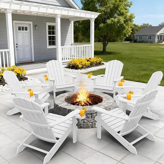 YEFU Adirondack Chairs with Cup Holders: Set of 6 Fire Pit Chairs Plastic with Wood Texture - Sturdy All-Weather HIPS for Patio Backyard Lawn - Easy Assembly Outdoor Furniture(White)