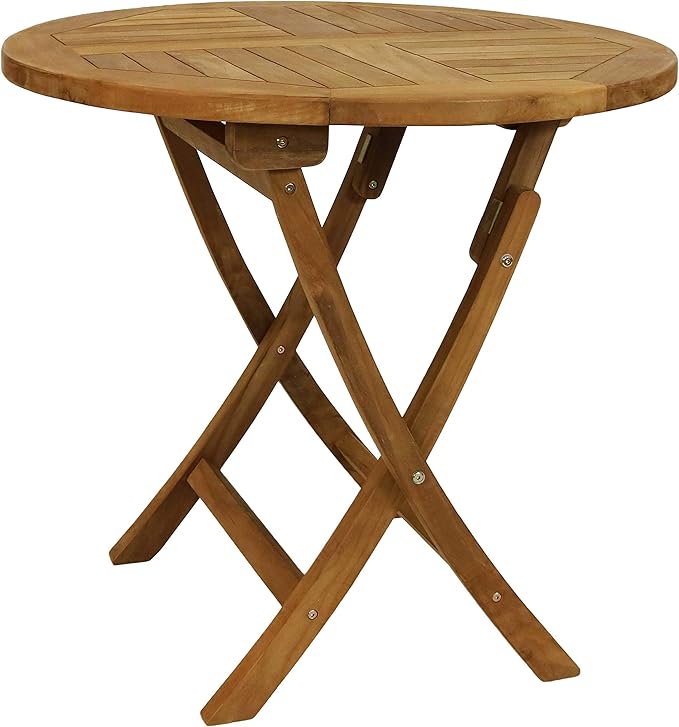 Sunnydaze Round Folding Solid Teak Outdoor Dining Table - Light Wood Stain Finish - 31 Inches