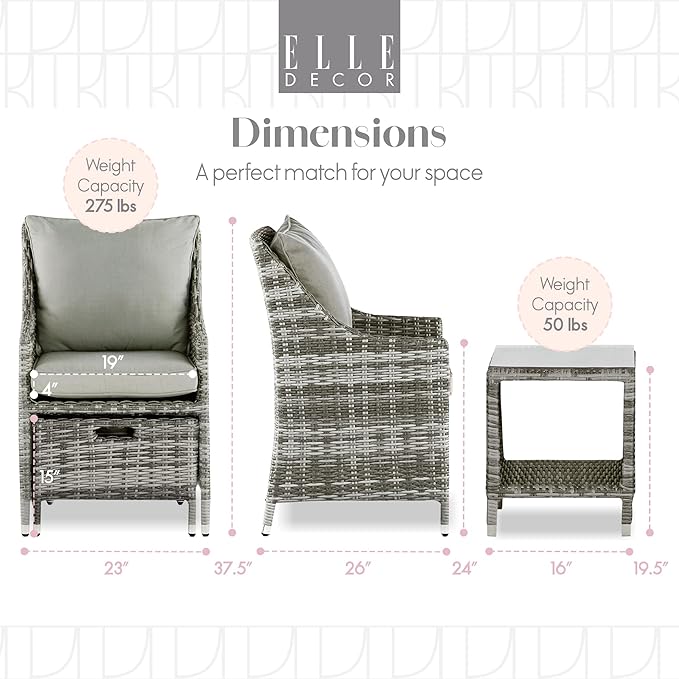 Elle Decor Vallauris Patio Outdoor Furniture Collection, Premium All Weather Wicker, 5 Piece Non-Reclining Set, Gray - Photo 3