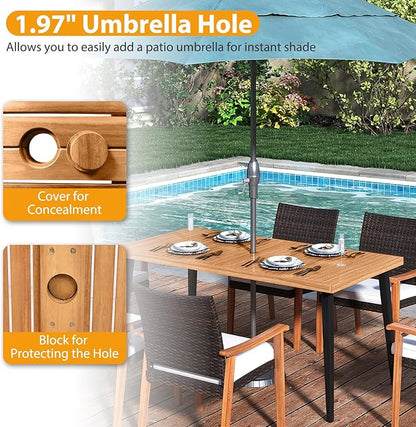 Tangkula 63" Acacia Wood Patio Dining Table for 6, Outdoor Dining Table with 1.97" Umbrella Hole & Metal Legs & Adjustable Foot Pads, Rectangular 6-Person Outside Table for Garden, Poolside & Backyard