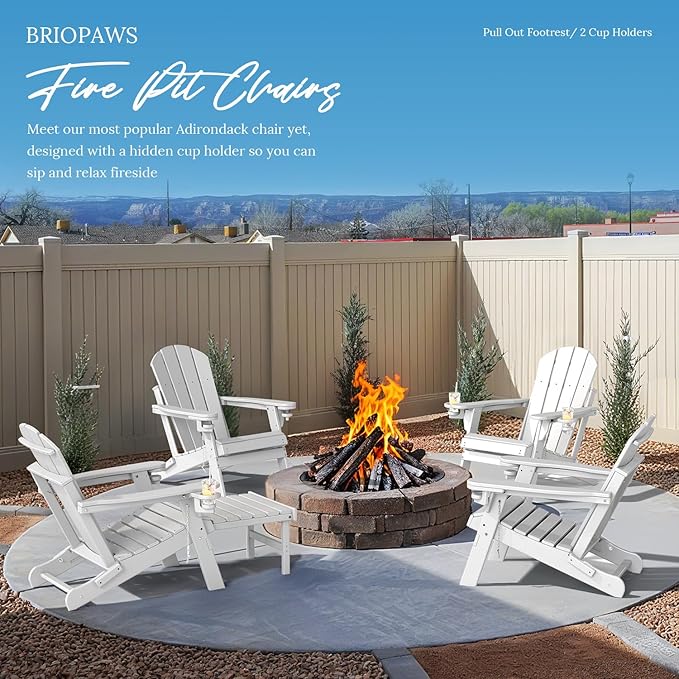 BRIOPAWS Adirondack-Chairs-with-Pull-Out-Footrest | Set of 2 | Folding | HDPE Plastic | Fire Pit Chair | All Weather | Cup Holders | Curved Back | Retractable Ottoman | for Poolside Deck | White