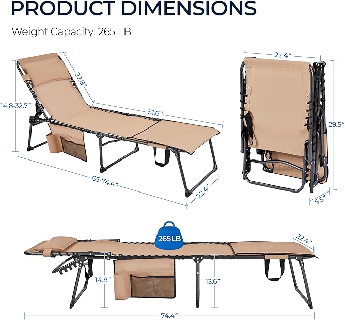 Yaheetech 22.4" Tanning Chair with Face Hole, Adjustable 5-Position Folding Chaise Lounge Chairs, Outdoor Lounge Chairs for Lawn, Beach, Sunbathing, Beige