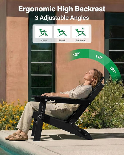 YEFU Adirondack Chairs Set of 6 for Patio: Folding Plastic Fire Pit Chair with Cup Holders & Adjustable Backrest - Sturdy All-Weather HDPE for Outdoor Pool Lawn - Easy Assembly(Black)