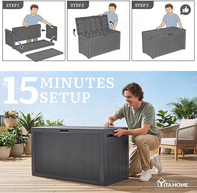 YITAHOME 90 Gallon Large Outdoor Deck Box, Lockable Waterproof Resin Storage Box with Handles - Photo 8