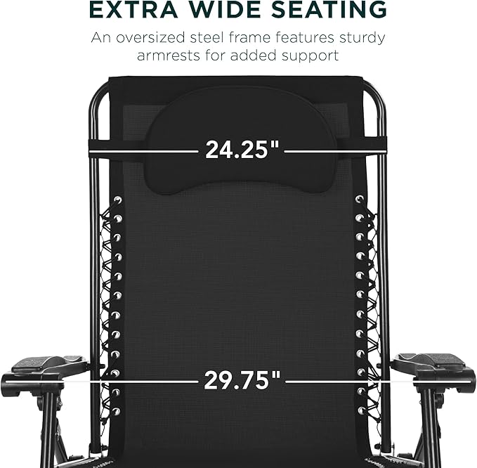 Best Choice Products Oversized Zero Gravity Chair, Folding Outdoor Patio Lounge Recliner w/Cup Holder Accessory Tray, Pillow - Black