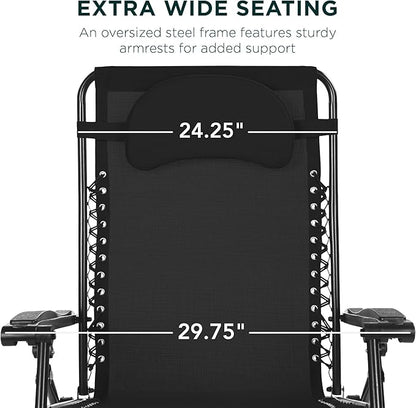 Best Choice Products Oversized Zero Gravity Chair, Folding Outdoor Patio Lounge Recliner w/Cup Holder Accessory Tray, Pillow - Black
