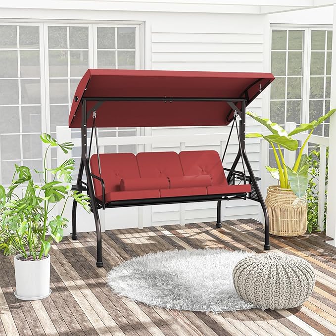 3 Seat Outdoor Porch Swing Chair, Adjustable Canopy Swing Bench, Convertible Backrest Swing Bed with Thicken Cushions - Photo 3