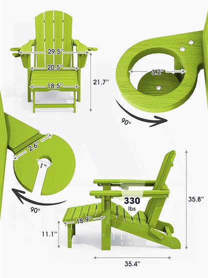 KINGYES Folding Adjustable Adirondack Chair with Ottoman Set of 4, HDPE Adirondack Recliner Chair with Footrest, Apple