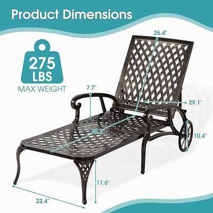 HOMEFUN Chaise Lounge Chair Outdoor, Poolside Lounger Outside Cast Aluminum Tanning Chairs with Adjustable Backrest and Moveable Wheels, Bronze
