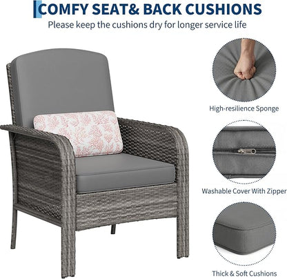 GarveeHome Outdoor Wicker Chairs Set of 2, All-Weather High Back Rattan Patio Furniture, 2-Piece Conversation Set with Comfy Cushions for Porch, Deck, Gray, Blue Cushion