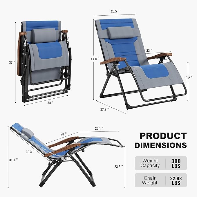 PURPLE LEAF Extra Wide Outdoor Reclining Chair Set of 2 Patio Zero Gravity Chaise Lounge Folding Chair with Quilted Cushion Adjustable Headrest for Lawn Camping Beach Pool Grey and Navy Blue