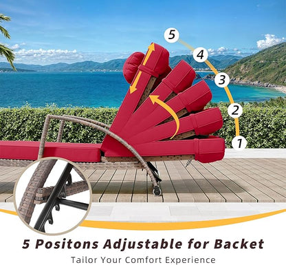 Outdoor Chaise Lounge Set of 2 Rattan Patio Folding Chaise Lounge Adjustable 5 Position Back Patio Pool Lounge Chair with Cushion Pillow for Poolside Backyard Deck Porch Red