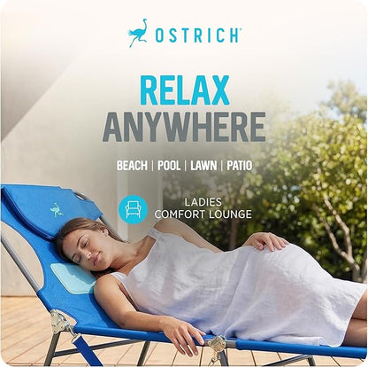 Ostrich the Ladies Comfort Lounger with Chest Support, Foldable and Portable Reclining Outdoor Patio Beach Lawn Camping Pool Tanning Chair, Ocean Blue