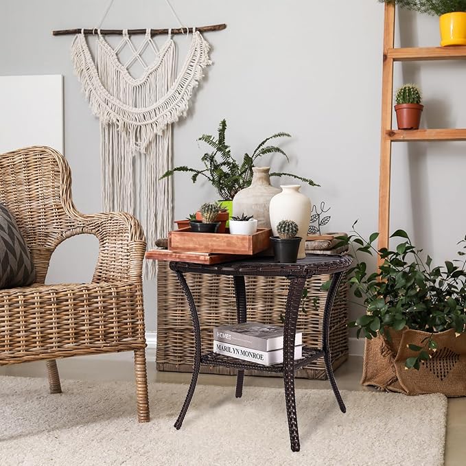 Outdoor Patio Side Table Small Brown Wicker Rattan End Table for Outside Storage Coffee Table with Poly Lumber Table - Photo 5