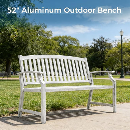 Grand patio 52" Farmhouse Outdoor Bench, Garden Benches with Rust Free Metal Powder Coated Frame and Aluminum Backrest, Faux Wood Grain Finish Frame Patio Bench for Front Porch,Gray-White