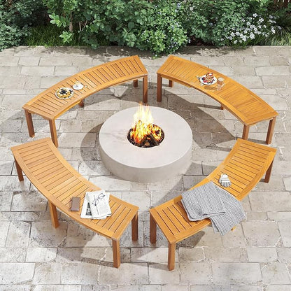 RELAX4LIFE Wooden Outdoor Curved Bench - Acacia Wood Garden Bench w/Slatted Seat, 2-Person Outside Backless Seating for Porch Backyard Deck Park, 800 LBS Load Capacity, Patio Fire Pit Bench (4, 58'')