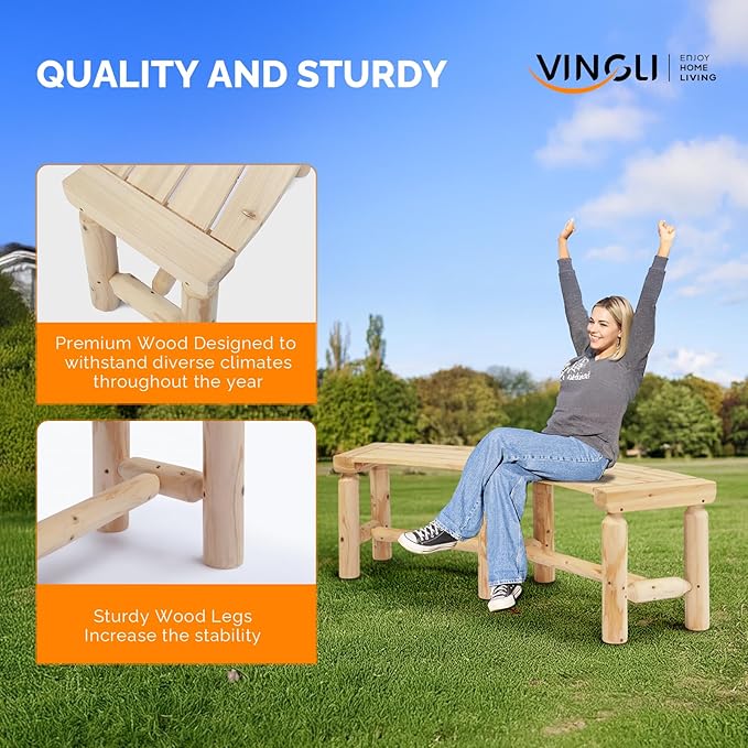 VINGLI Outdoor Bench Wooden Curved Bench, All-Weather Fire Pit Backless Patio Bench, 2-Person Seating Rustic Garden Bench for Backyard Porch Deck Entryway (Natural)