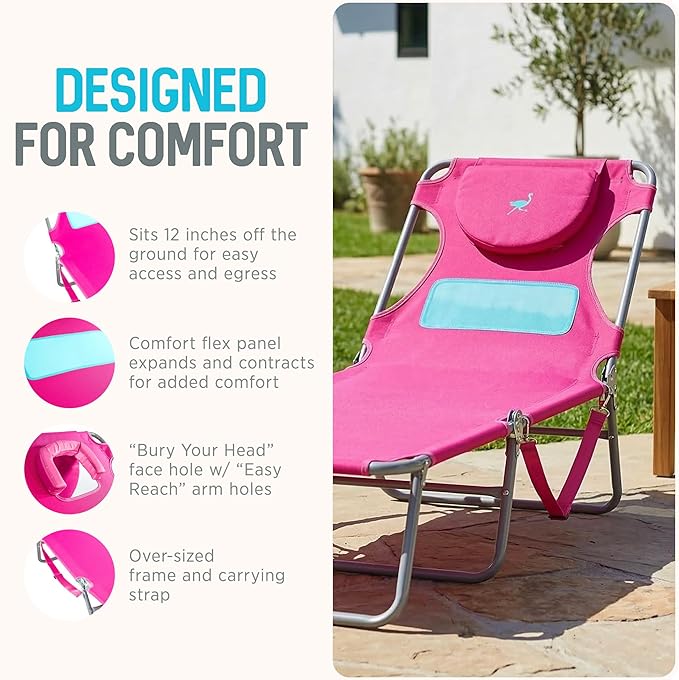 Ostrich the Ladies Comfort Lounger with Chest Support, Foldable and Portable Reclining Outdoor Patio Beach Lawn Camping Pool Tanning Chair, Pink