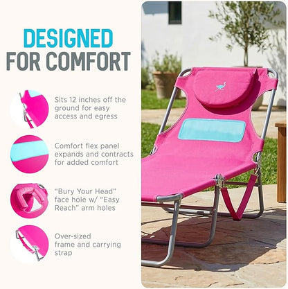 Ostrich the Ladies Comfort Lounger with Chest Support, Foldable and Portable Reclining Outdoor Patio Beach Lawn Camping Pool Tanning Chair, Pink