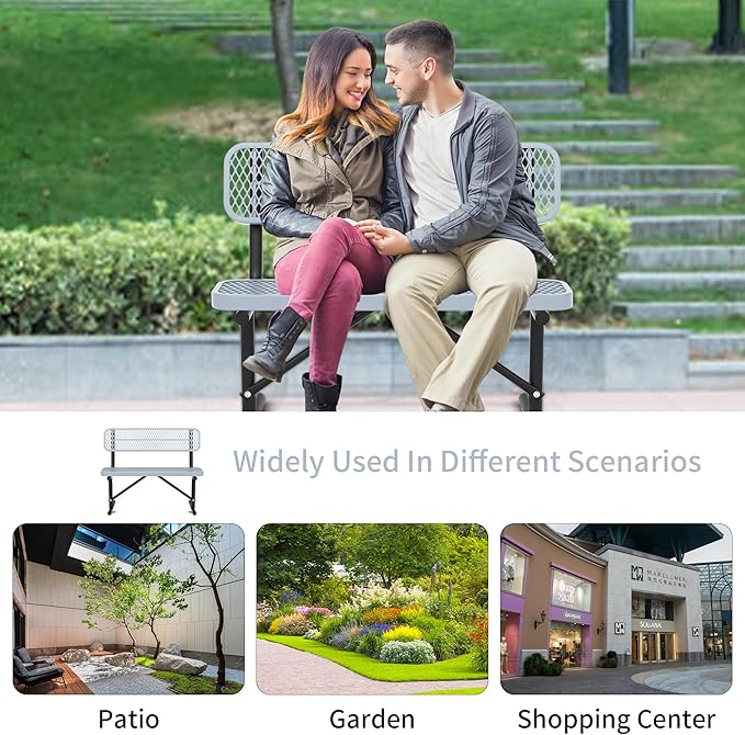 4 Ft Metal Park Bench for Outside, All-Weather Thermoplastic Coating Outdoor Bench with Backrest, Commercial Heavy Duty Benches for Shopping Malls, Stores, Parks, Patios, Decks, Grey