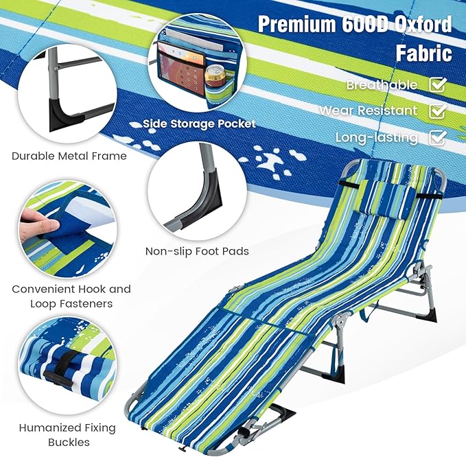 Tangkula Tanning Chair, Outdoor Folding Beach Lounge Chair with Face Hole, Adjustable Footrest, Removable Pillow - Photo 6