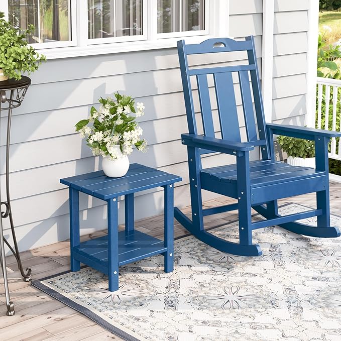 Adirondack Outdoor Side Table, 16.6" Small Patio End Table, 2-Tier HDPE Plastic Table for Poolside Porch Garden, Weather Resistant & Easy Assembly (Navy Blue, Rectangle)