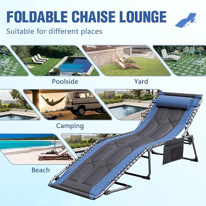 Devoko 4-Fold Padded Portable Folding Outdoor Chaise Lounge Heavy Duty Reclining Chair with Pillow & Side Pocket for - Photo 7