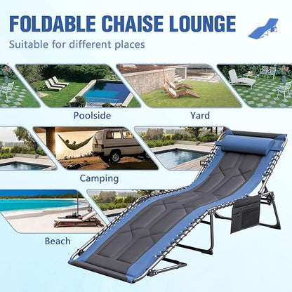 Devoko 4-Fold Padded Portable Folding Outdoor Chaise Lounge Heavy Duty Reclining Chair with Pillow & Side Pocket for Patio, Beach, Pool, Camping, Sunbathing (Blue)