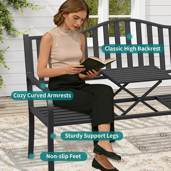 2 in 1 Metal Bench Patio Bench, Outdoor Benches Weatherproof with Folding Middle Table - Photo 6