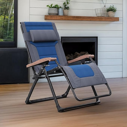 PURPLE LEAF Oversized Outdoor Reclining Chair Patio Zero Gravity Chaise Lounge Folding Chair with Quilted Cushion Adjustable Headrest for Lawn Camping Beach Pool Grey and Navy Blue