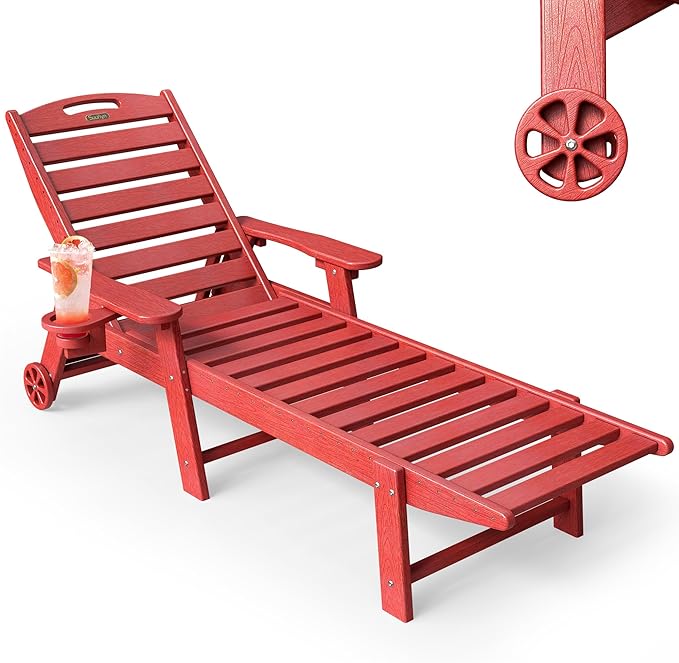 Chaise Lounge Outdoor, Lounge Chair Outdoor with Wood Texture, Adjustable 5-Position Backrest, HDPE Lounge Chair with Wheels & Cup Holder for Pool Deck Backyard,Red