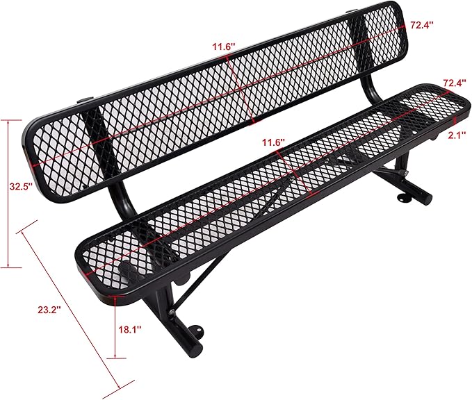 6FT Outdoor Metal Bench with Backrest, Commercial Park Bench Garden Patio Sitting Bench for 2-4 People, Heavy-Duty Steel Benches,Weather Resistant , for Garden, School, Waiting Area, Backyard,Porch