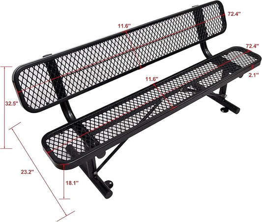 6FT Outdoor Metal Bench with Backrest, Commercial Park Bench Garden Patio Sitting Bench for 2-4 People, Heavy-Duty Steel Benches,Weather Resistant , for Garden, School, Waiting Area, Backyard,Porch