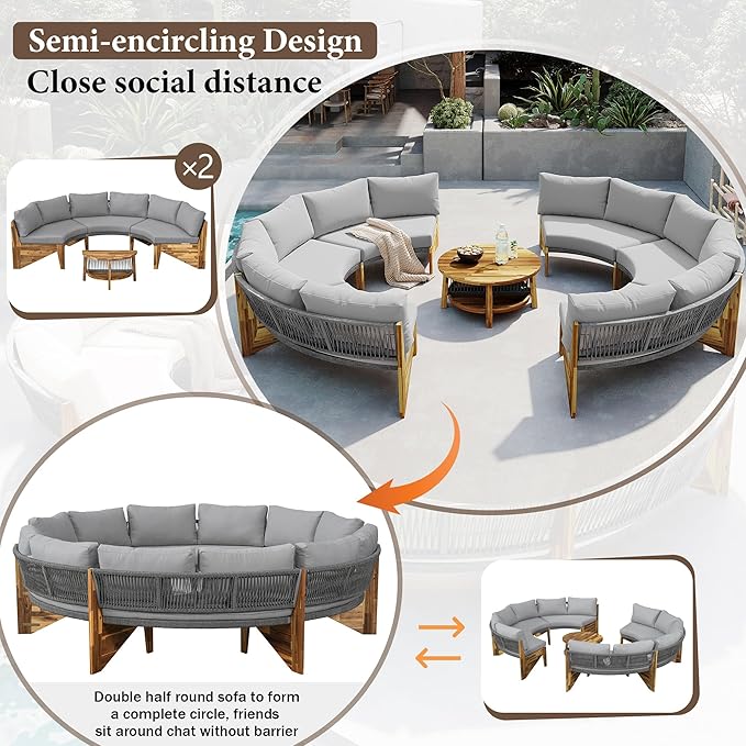 Quarte Outdoor Acacia Wood Round Sofa Set, Sectional Sets with Coffee Table, 6-Person Seating Group for Garden - Photo 4