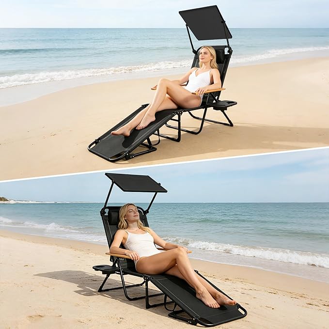 Outdoor Chaise Lounge Chair with 4-Position Adjustable Backrest,Patio Folding Sun Tanning Chair,Pillow & Cup Holder,Portable Recliner Sunbathing Lounger Chairs for Beach Garden (Black with Shade)
