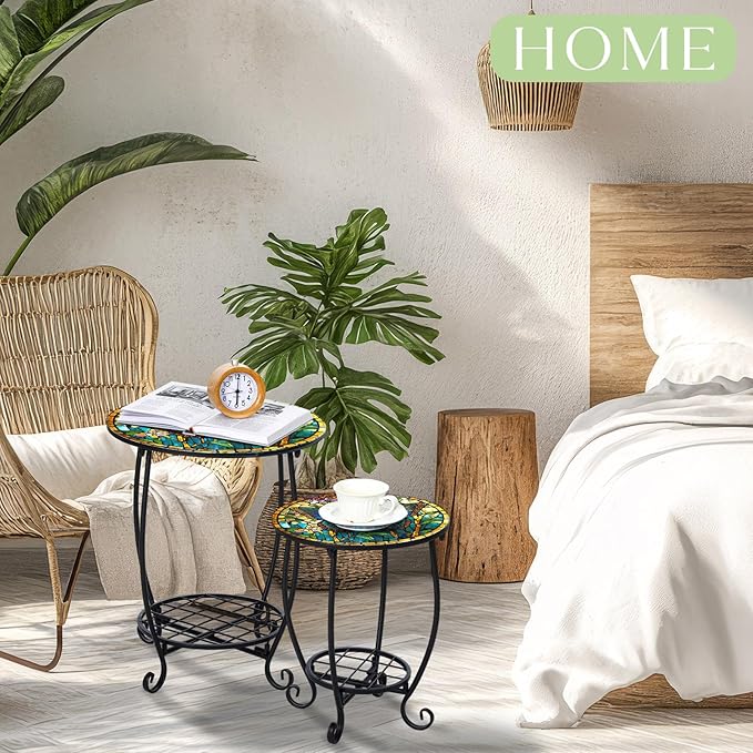 2 Pcs Outdoor Side Table Small Patio Round Mosaic Accent End Table Indoor Plant Metal Coffee Tea Tables for Patio Yard - Photo 2