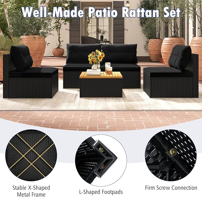 Tangkula 5 Piece Rattan Sofa Set, Outdoor Wicker Furniture Set w/Seat & Back Cushions, Square Coffee Table - Photo 7