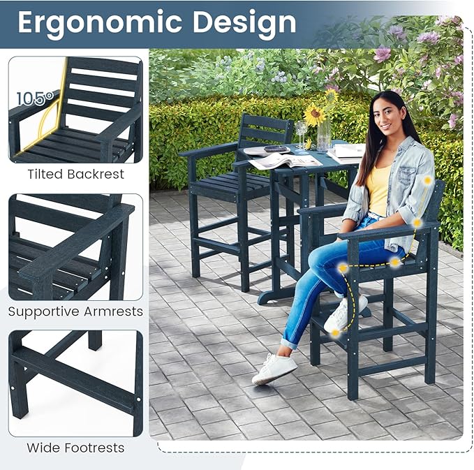 Giantex 29” Bar Stools Set of 4, HDPE Barstools w/Back, Armrests & Footrests, Max Load 330Lbs, Counter Height Bar Stools, Adirondack Chair for Patio Balcony Outdoor Bistro Set, Navy