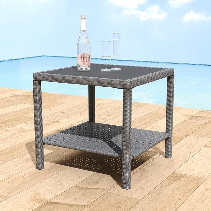 Helios&Hestia Square All Weather Rattan Wicker Outdoor Coffee Side End Table with Glass Top for Patio, Deck, Backyard - Photo 1