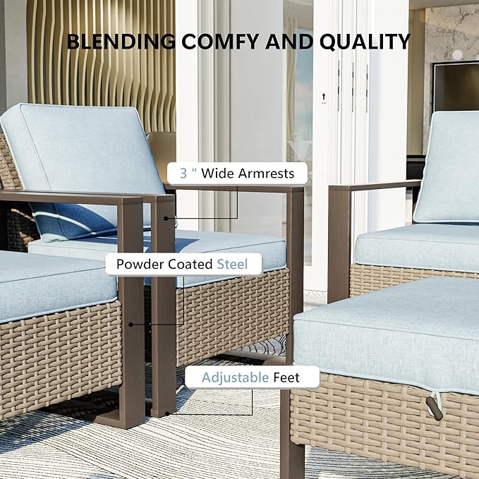3 Piece Patio Chair Set, Outdoor Wicker Chair and Side Table, Metal Patio Furniture with Deep Seating, Thicken Cushions for Deck, Porch, Yard Use (Azure, 3 PCS/Chairs)