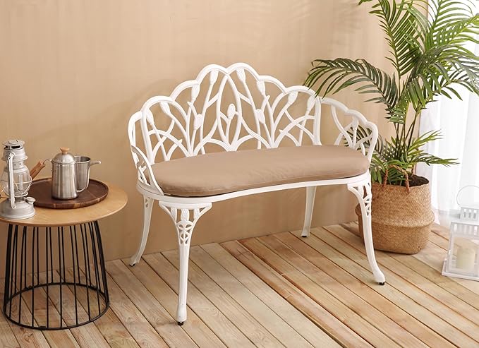 Tulip Patio Garden Bench Metal Park Bench Cast Aluminum Outdoor Furniture with Floral Rose for Patio,Park,Lawn,Yard with Cushion