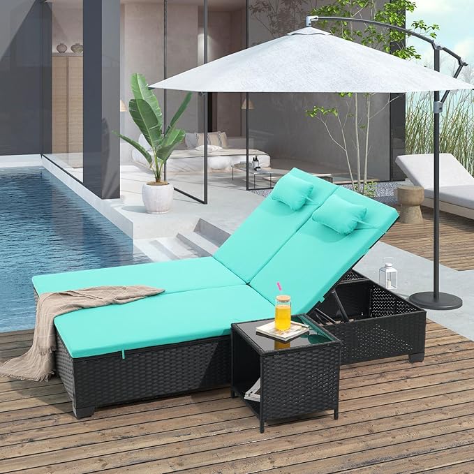 Outdoor Patio PE Wicker Chaise Lounge Chairs Set of 3 Patio Black Rattan Reclining Chair Adjustable Backrest Pool Sunbathing Recliners with Table (Green)