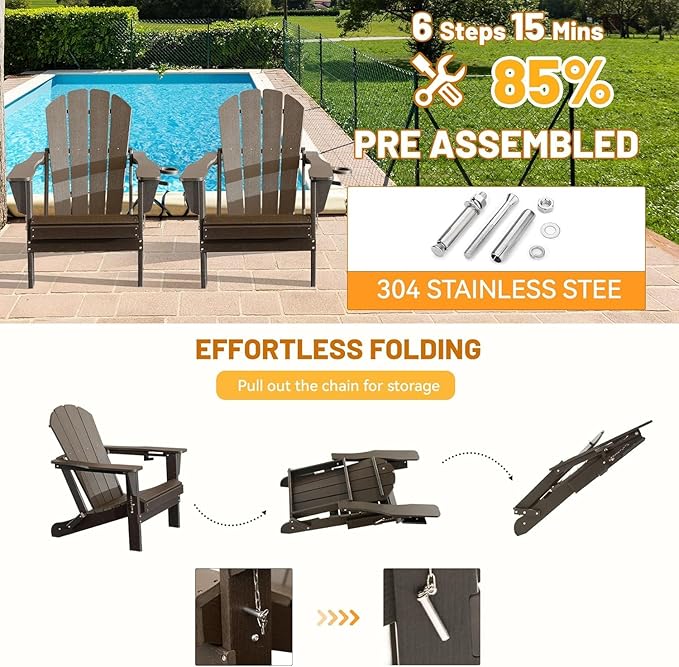 GOWE Adirondack Chairs Set of 2, Plastic Adirondack Chair, Adirondack Chairs, HDPE Adirondack Chair, Folding Adirondack Chairs, Outdoor Chairs with Cup Holder for Lawn Patio Deck Fire Pit -Brown
