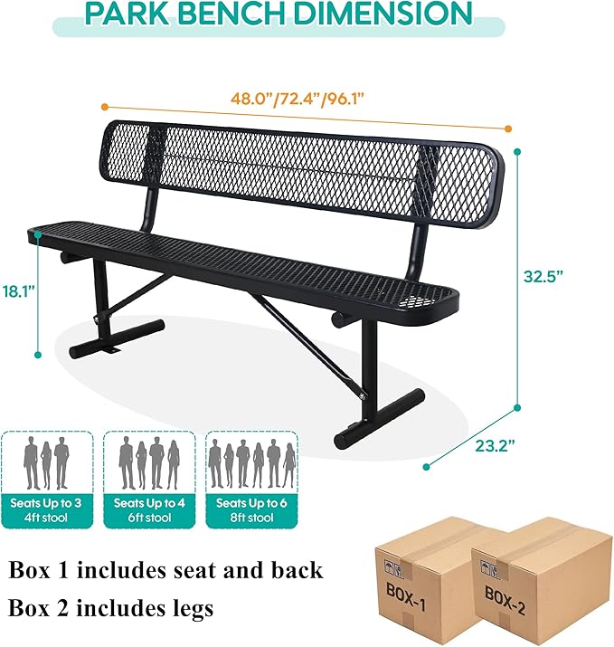 4/6/8 Feet Park Bench for Outside Heavy Duty Metal, Garden Benches Outdoor Bench with Backrest & Portable Frame, for Shopping Malls Stores Parks Patios Decks, Black