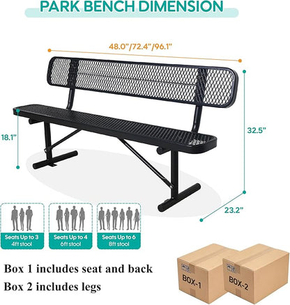 4/6/8 Feet Park Bench for Outside Heavy Duty Metal, Garden Benches Outdoor Bench with Backrest & Portable Frame, for Shopping Malls Stores Parks Patios Decks, Black